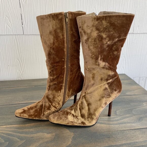 Vintage Colin Stuart Gold Crushed Velvet Women’s Boots Stiletto Heels Sz 8 (ST) - Picture 4 of 7